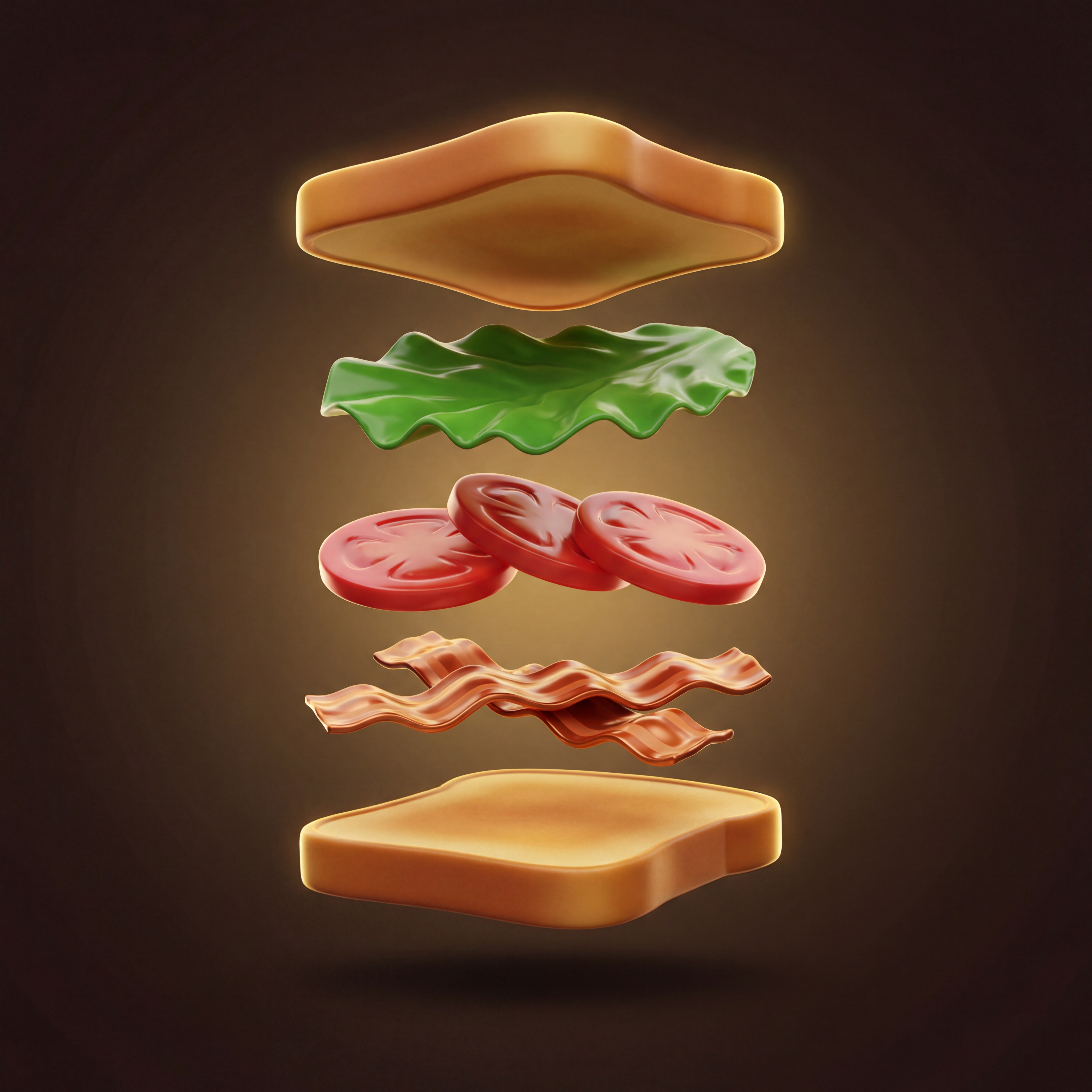 Deconstructed BLT sandwich — floating layers of golden toast, lettuce, tomato, and bacon